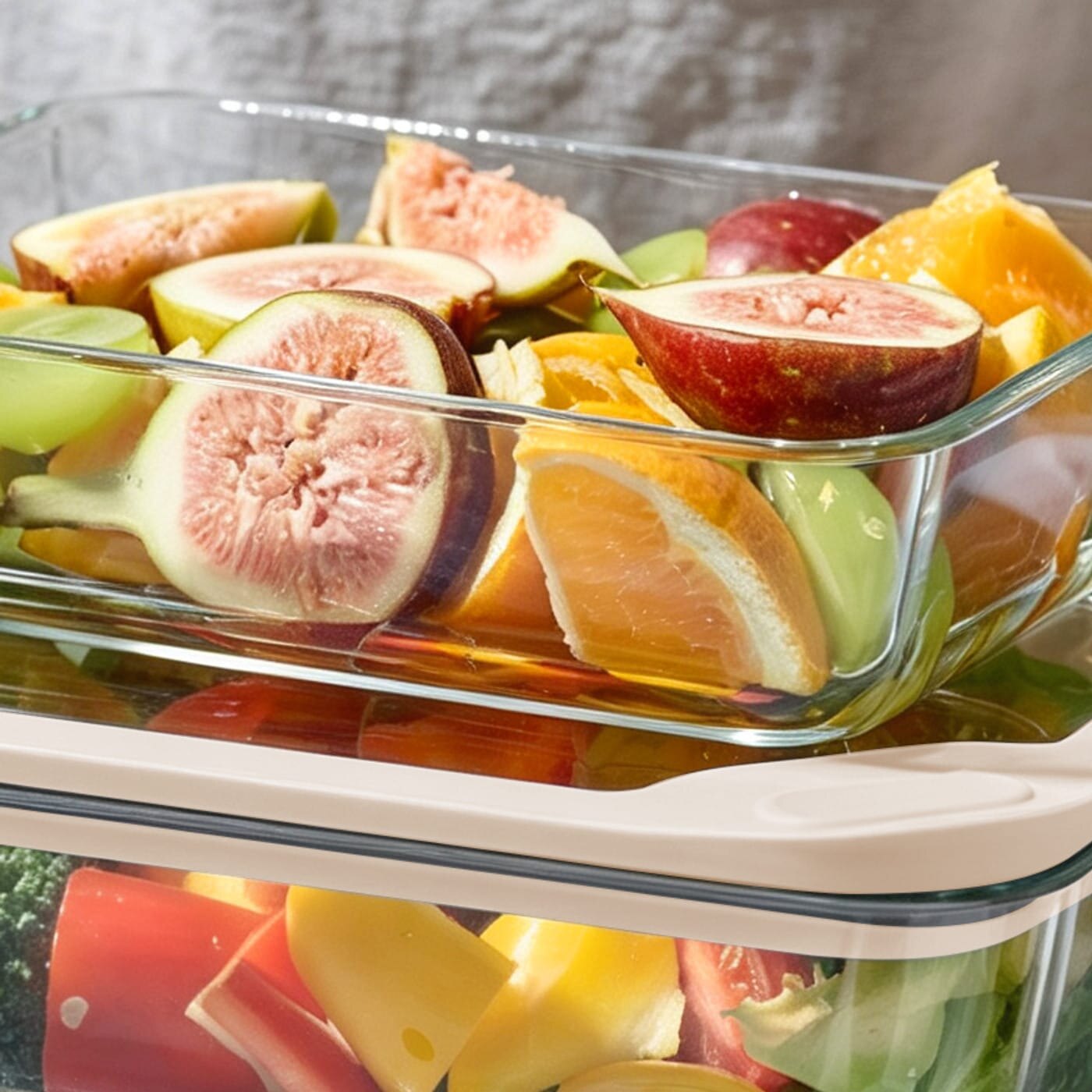 Frukt kuttet i biter i en ildfast form i glass fra Modern House.
