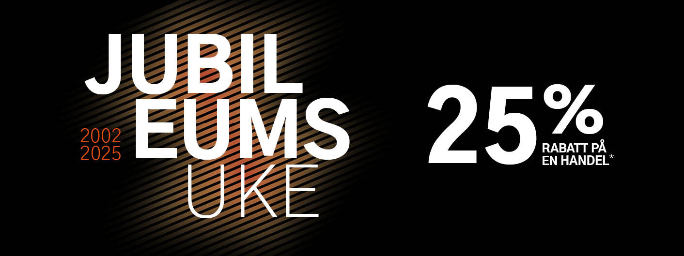 Jubileumsuke 2002-2025. 25% rabatt på en handel. Gjelder alle varer merket med kupong.