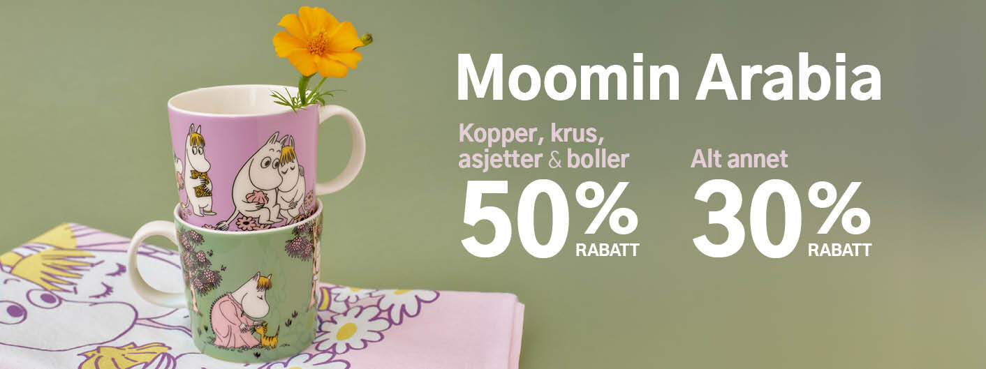Moomin Arabia. Kopper, krus, asjetter & boller 50% rabatt. Alt annet 30% rabatt.
